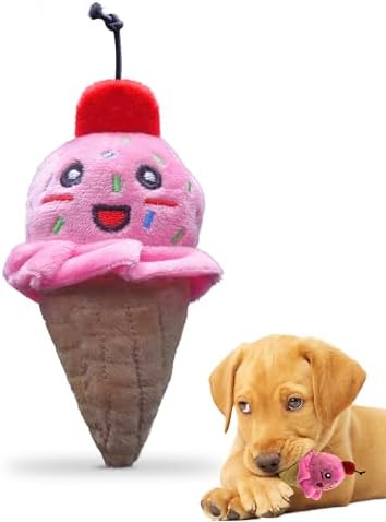 PetSport Tiny Tots Foodies Ice Cream - Ice Cream Dog Toy, Stuffed Animal Toy with Squeaker for Small Dogs, Interactive Puppy Squeaky Plush - 5 Inch