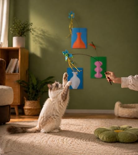 Artisan-Crafted BloomPlay Cat Wand Toy, Colorful Interactive Teaser with Storage, Durable & Bite-Resistant, Aesthetic Cat Toy for Indoor Cats (Lily Bloom)