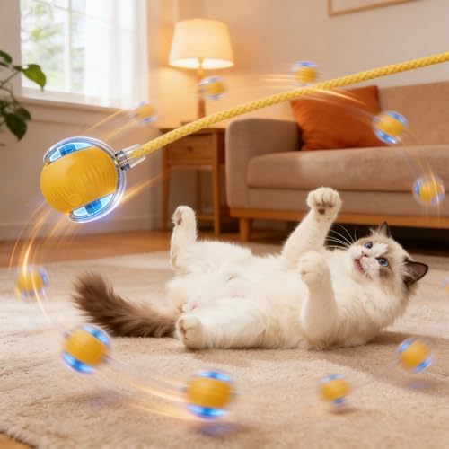 Interactive Smart Wake Pet Ball with Teaser Tail for Cats & Dogs（Yellow）