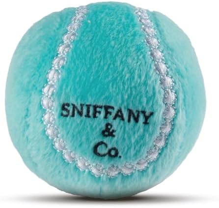 Dog Diggin Designs Sniffany & Co Plush Squeaky Dog Toy Ball | Luxury-Inspired Parody Designer Ball with Squeaker, Soft Plush Fetch Dog Toy – Prêt-à-Porter Play!