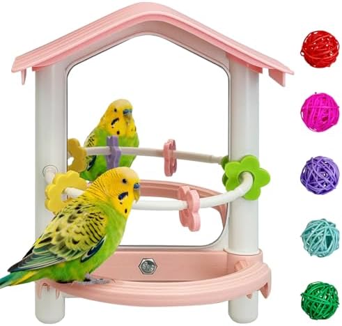 kathson Bird Mirror with Plastic Perch and 5PCS Colorful Rattan Balls Parakeet Hanging Swing with Mirror Interactive Toy Bird Cage Accessories for Cockatiel Parrot Conures Cockatoo Finch(Pink)