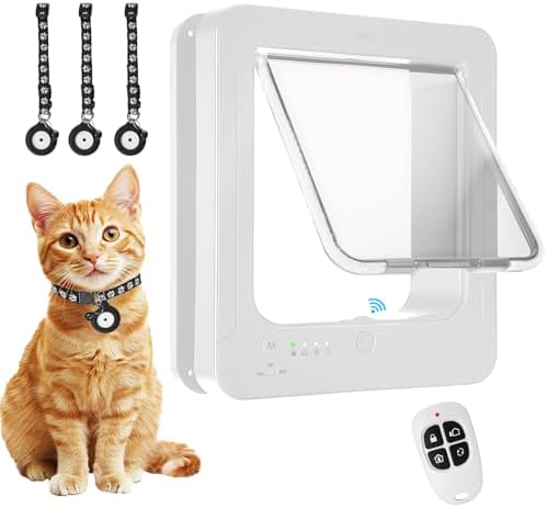 Smart Cat Door for Interior & Exterior, Cat Pet Door with 3 Collar Sensor Keys & 1 Remote Control & 4 Way Locking Cat Flap with RFID Collar Activated Opening