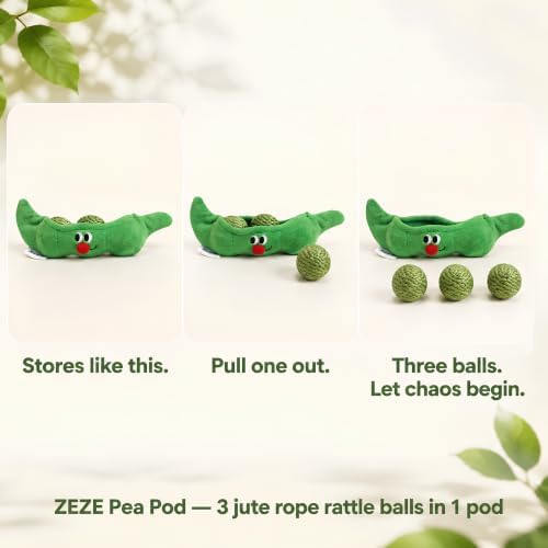 ZEZE Pea Pod Jute Rope Ball Cat Toy Set, 3 Removable Jute Balls with Rattle Inside, Scratch & Play Combo, Pea Pod Storage, Interactive Cat Toy for Indoor Cats