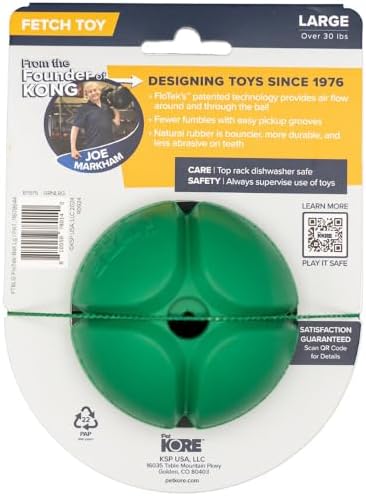 PetKORE: FloTex Ball - Large - 3.25", Green, Dog Toy, Proprietary Rubber, Patented Open Airflow Grooves, Bounce-Fetch-Chew, Pet Indoor-Outdoor Play