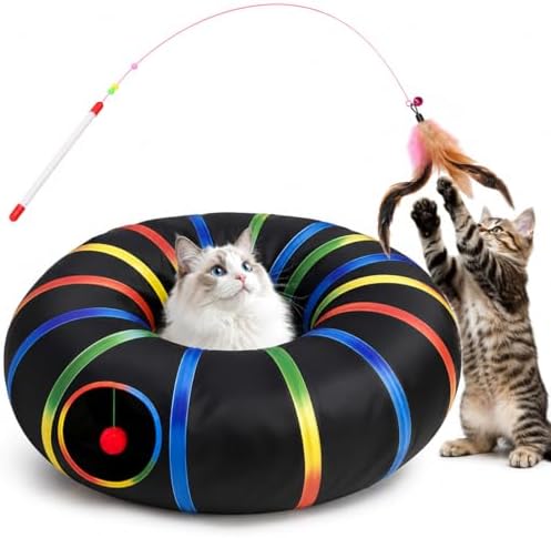 Cat Tunnel Toy with Plush Ball & Cat Wand Feather Toys-Portable Tattaff Waterproof Washable-Interesting Pattern Collapsible Black Rainbow