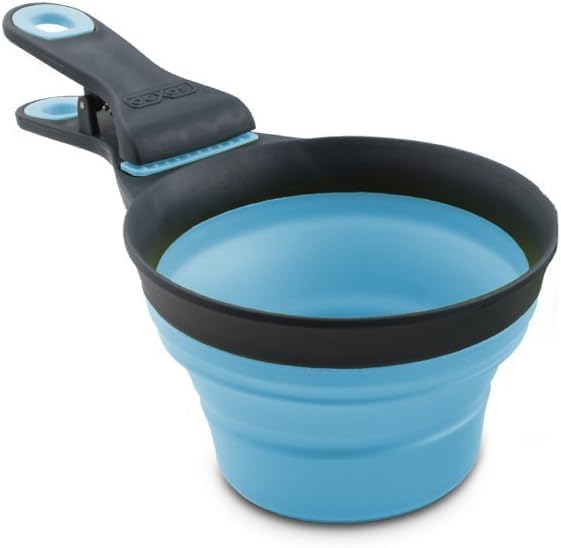 Dexas Popware for Pets Collapsible Klip Scoop, 3 in 1 Design Convenient Measuring Cup, Food Scooper and Bag Clip, 1Cup Capacity Pet Food Scoop, Versatile Food Measuring Cups Portion Control Gray/Blue