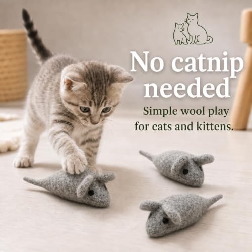 Cat Mouse Toy - 3 Felted Wool Mouse Toys Without Catnip for Indoor Cats and Kittens - Large Handmade Mice