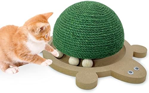 Fhiny Cats Scratching Ball, Natural Sisal Scratching Toy with Roller Track Toys and Wooden Base Kitten Turtle Shape Scratch Post for Indoor Cats Interactive Training Exercise Scratcher for Small Pets