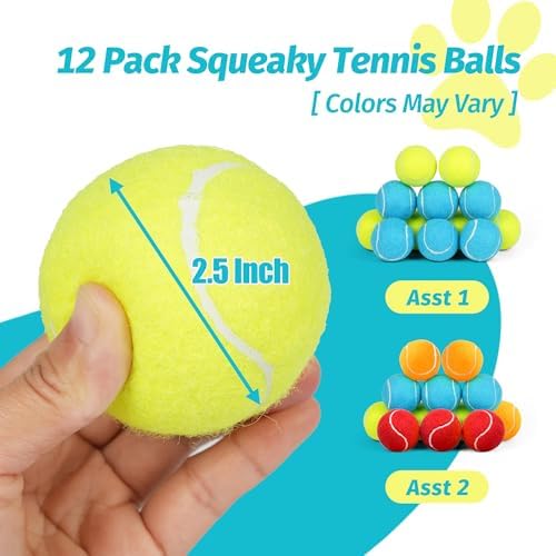 PrimePets Tennis Balls for Dogs, 12 Pack 2.5” Durable Squeaky Dog Balls with High Bounce for Outdoor Play, Interactive Fetch & Training Dog Toys for Small and Medium Breeds