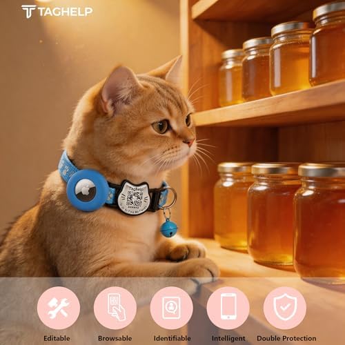 Cat Collar with AirTag Holder, QR Code Tag and Bell (Blue, Paw Pattern)