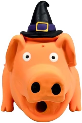 Multipet Globlet Pigs Dog Toy with Witch Hat, 8 Inch, Latex Squeaky Halloween Pet Toy, Color May Vary