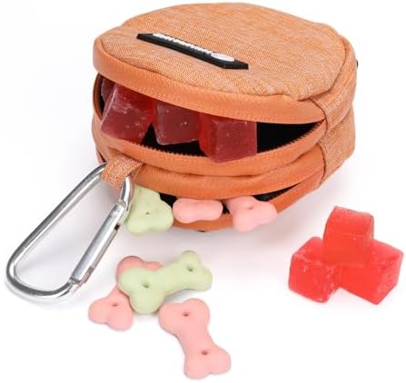 Dog Poop Bag Holder for Leashes- Dog Treat Pouch with Waterproof Zipper,Puppy Training Small Bag with Carabiner & Bungee Toggle,Two Pockets for Dry or Wet Treats-Pet Travel Walking Essentials (Orange)