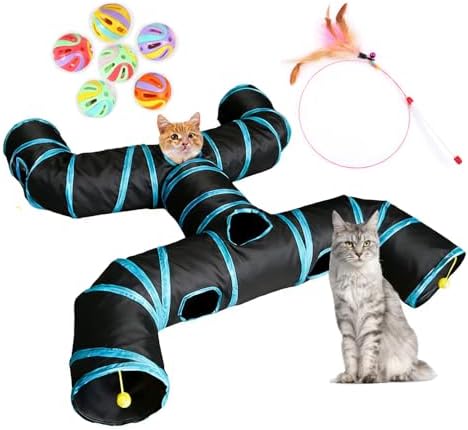 4-Way Large Cat Tunnel, H Shape Cat Tube Toy with Interactive Playing Balls, Peek Hole for Indoor Cats, Kitten, Kitty, Puppy, Rabbit (Black)