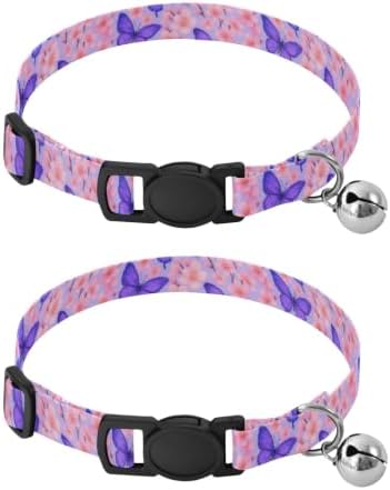 Purple Blue Butterflies Lavender Decorative Pet Collar with Bell 2 Pack Kitten Collar Adjustable Length 10.6" to 17.1"