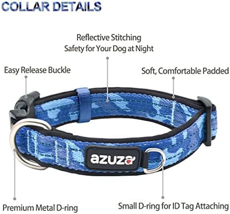azuza Reflective Dog Collar and Leash Set with Airtag Holder, Blue Camo Padded Collar with Matching Clip Handle Leash for Small Dogs