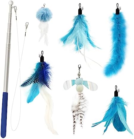 SONGWAY Cat Feather Toys Wand - 7 Pcs Interactive Cat Toys for Indoor Cat Kitten, Retractable Cat Wand Toy with 6 Feather Teaser Refills with Bell, Cat Fishing Pole Toy, Blue