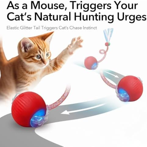 Elegancy Speedy Tail 2.0 Interactive Cat Toy | Speedy Ball Cat Tail Automatic Rolling Ball Toys for Indoor Cats Dual Speed Control Pet Toys (Red)