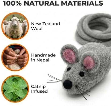 Glaciart One Mini Felt Mouse Cat Toy – Kitten & Small Cat Size, Natural Wool Catnip Toy, Soft Fuzzy Interactive Play Toy for Indoor Kittens, Safe Non-AZO Dyes, 1.4” Body with 12” Tail