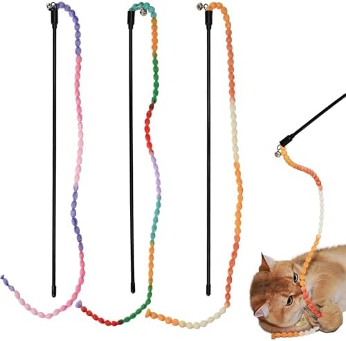 Interactive Cat Toys, 3 Pcs Cat Wand Toys for Indoor Kitten with Colorful Bead Shape Hemp Rope and Small Bell, Kitty Teaser String Toy for Indoor Cats to Chase and Exercise
