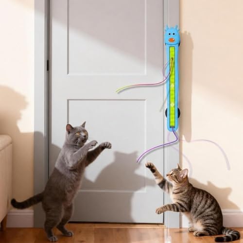 Interactive Cat Toys for Indoor Cats - Wall Mounted Electric Auto Motion Flying Rope Interactive Toy for Indoor Cats, Motion-Activated Flying Rope with Suction Cup for Boredom Relief (Blue)