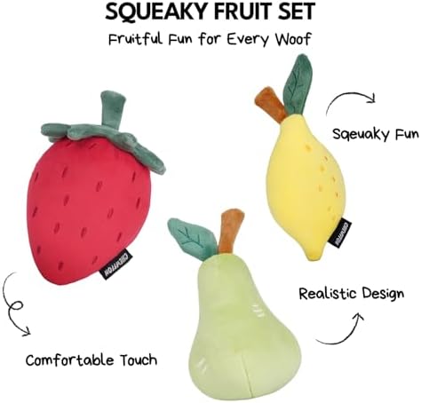 CHEWFFON Squeaky Plush Dog Toy, 3-Piece Fruit Set