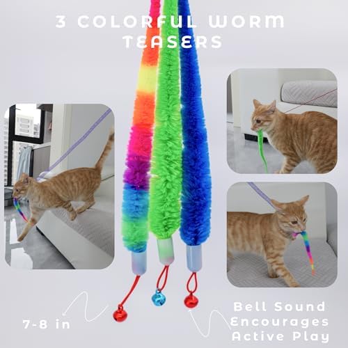 Cat Toys for Indoor Cats, Interactive Cat Wand Toy Set – 2 Retractable Wands with Wooden Handles, 9 Refills (Feathers & Worms) – 2 Mesh Tube Strings & 1 Elastic String for Cats and Kittens