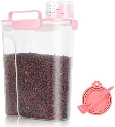 Pet Dog Cat Food Storage Container 5 to 7 lbs with Can Cover and Mixing Spoon, Airtight Pet Food Storage Dispenser with Large Spout & Measuring Cup for Kibble Dog Treat Bird Seed Container -Pink