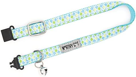 THE WORTHY DOG Summer Patterns, Breakaway Cat Collar, with Bell, Blue