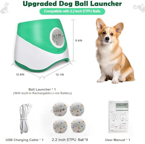 MEKAPLE Automatic Dog Ball Launcher for Samll to Medium Dogs, Upgraded Interactive Toy Balls Thrower, Distance Adjustable Mental Stimulating Dog Toys with 4 Etpu Balls 2.2 Inch (Green)