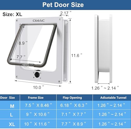 CEESC X-Large Cat Door for Interior/Exterior, for Pets <24.8", White | Rotary 4-Way Lock, Weatherproof, Fits doors 1.26-2.14", Adjustable tunnel depth, Upgraded version