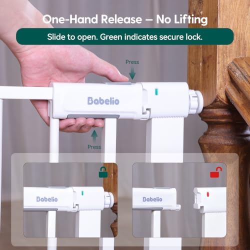 Babelio 31-46" Baby Gate for Stairs, PressGuard Pet Gate with Wide Door | Pressure/Wall Mount, Dual Lock with Indicator, Auto Close, Heavy Duty, Easy Install for Doorways, Kitchens, Hallway, White