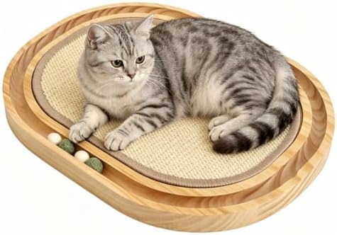 Sisal Cat Scratcher Toy, Natu sisal cat Scratching pad, Ball Track Wooden Interactive Cat Toy Ball, Catnip Ball, for Cats Chasing, Hunting, Mental Physical Exercise Puzzle