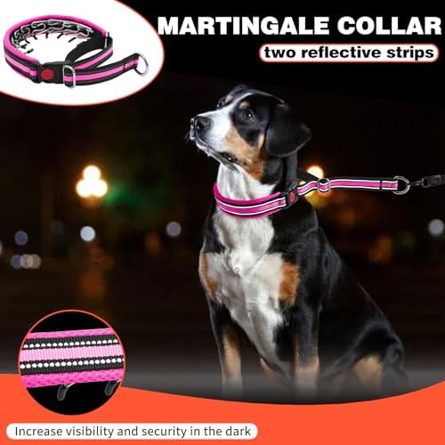 Martingale No Pull Dog Collar for Large Medium Small Dogs, Heavy Duty Nylon Adjustable Reflective Anti Pull Slip Collar with Buckle for Training Walking Hunting L Hot Pink
