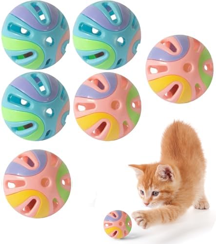 Colorful Cat Toy Balls with Bell 6PCS, Interactive Hollow Design, Plastic, Training Exercise Toy(2 in 1 B+P)