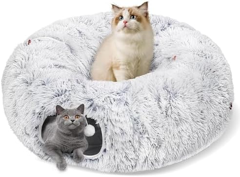 Baseola Fuzzy Cat Tunnel Bed for Indoor Cats, 2-in-1 Interactive Cat Toys