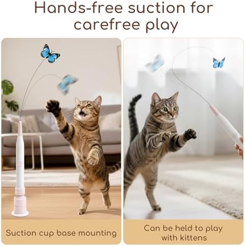 Rechargeable Automatic Cat Toy with Suction Cup, Interactive Cat Toys for Indoor Cats, Butterfly Teaser Wand for Bored Kittens, Self Play Exercise Toy