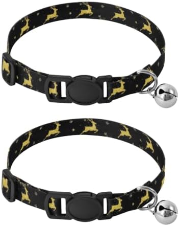 Golden Christmas Reindeer Black Small Dog Collar 2 Pack Collars for Puppies Adjustable Length 10.6" to 17.1"