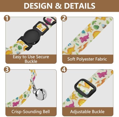 2 Pack Cat Collars Dino Pastel Cream Kitten Collar with Bell, Adjustable Length 10.6" to 17.1"