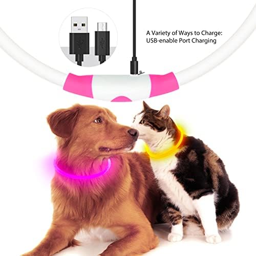 Flashseen LED Dog Collar, USB Rechargeable Glow Lighted up Collar, Pink