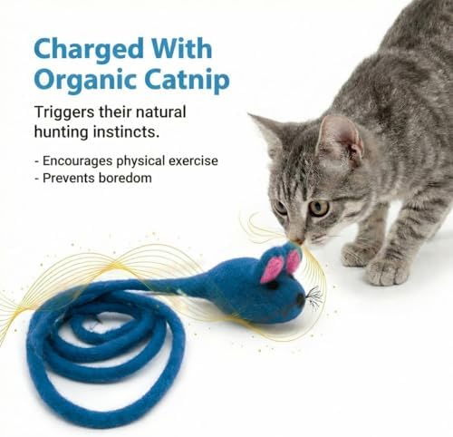 Glaciart One Felt Mouse Cat Toy – Soft Fuzzy Enrichment 100% Natural Wool - Interactive Catnip Play Cat Toy Set - Safe for Pets, Non-AZO Colored Dyes - 100” Long
