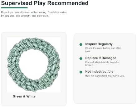 Heavy Dog Rope Ring Toy, Braided Chew Toy for Medium Dogs, Tug of War Rope Toy for Teething, Fetch, Tossing and Interactive Play, Green and White, Approx. 8 in