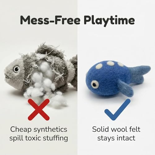 Glaciart One Felt Cat Fish Toy – 3 Pcs | Soft Fuzzy Enrichment 100% Natural Wool Toy - Interactive Play Catnip Cat Toys Set - Safe for Pets, Non-AZO Colored Dyes