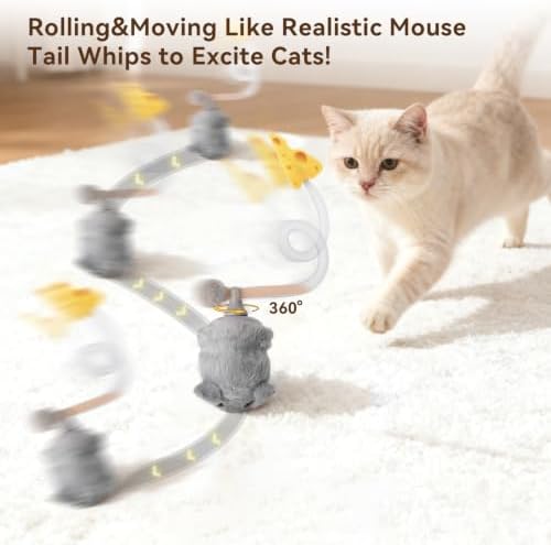 Migipaws Interactive MigiMouse Cat Toy 360° Rolling & Spin with Mesh Plastic Tail for Indoor Cats Smart Motion Sensor, Realistic Squeak, Rechargeable Plush Kitten Toy(Grey)