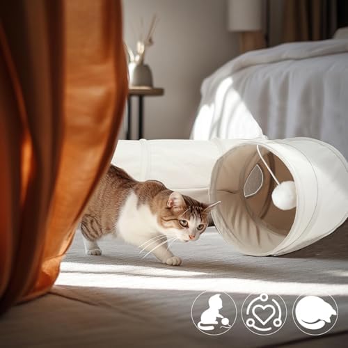 Cat Tunnel, 2-Way Collapsible Cat Tube with Interactive Peek-A-Boo Hole, Toy Ball, and Rope Ideal for Indoor Cats, Kittens, and Rabbits, Beige