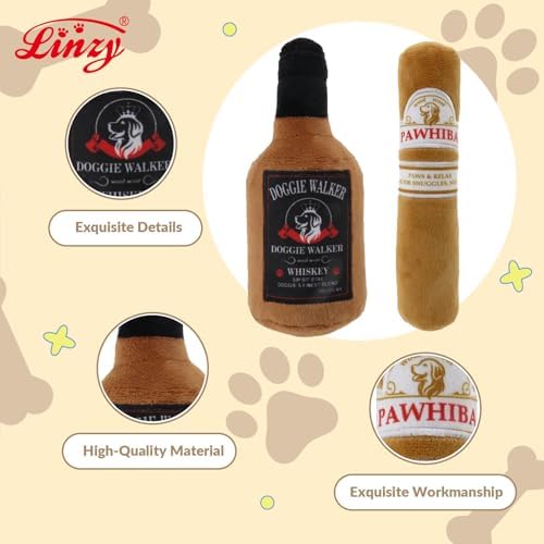Linzy 2-Pack Whisky/Cigar Plush Dog Toy, Soft Squeaky Chew Toy for Small Medium Large Dogs, White, Interactive Pet Toy, 7 Inch