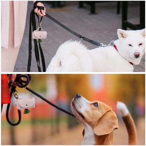 Leather Poop Bag Holder Dispenser for Leash, Portable and Reusable Dog Poop Dispenser, Dog Bag Holder for Walking, Outdoor, Travelling (Pink)