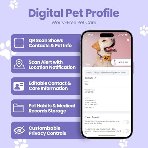 Dog ID Tag with QR Code & NFC, Silent Silicone Dog Name Tags Personalized for Pets- Scan QR for Instant Location Alert, Emergency Contact and Modifiable Pet Profile (Purple)