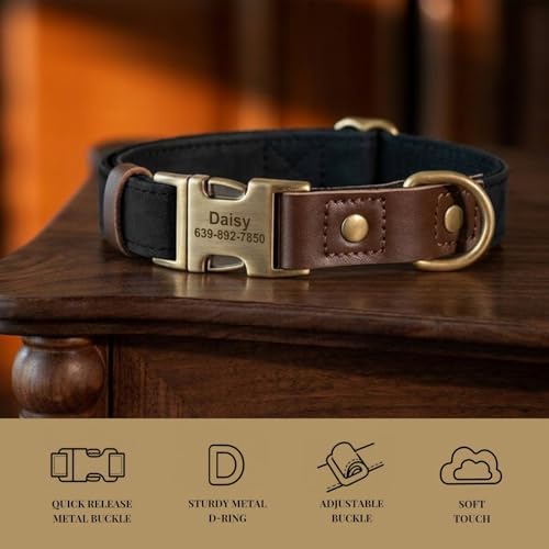 Personalized PU Leather Dog Collars,Quick Release Buckle,Black,S