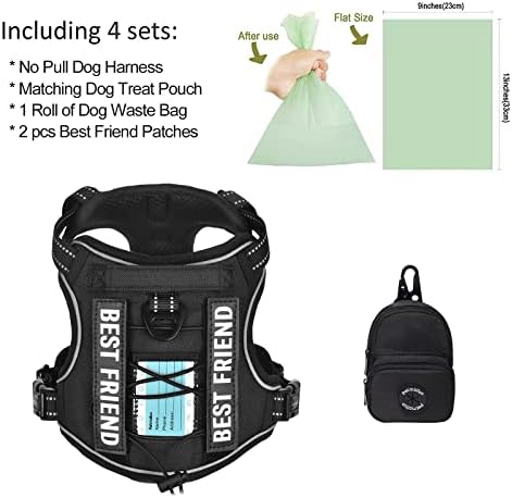 Petmolico No Pull Dog Harness, 2 Leash Clips Tactical Dog Harness Soft Padded Reflective Service Dog Vest with Dog Treat Pouch for Outdoor Walking Training, Black Small