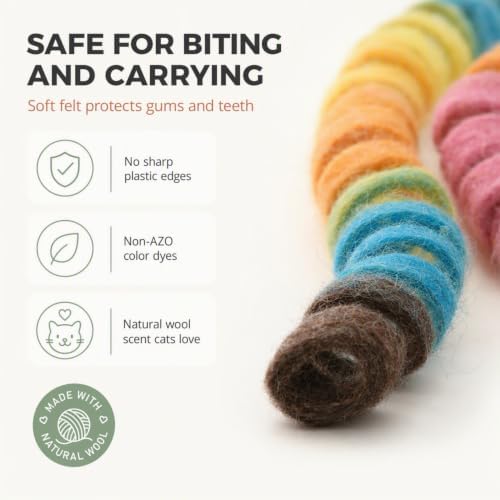Glaciart One Felt Spring Cat Toy – 5 Pcs Soft Fuzzy Enrichment 100% Natural Wool - Interactive Stretchable Play Cat Toy Set - Safe for Pets, Non-AZO Colored Dyes - 30” Long
